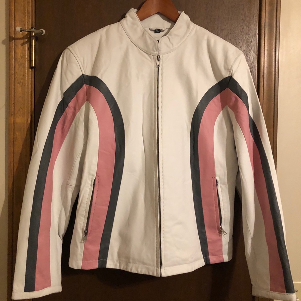 Dream Apparel White and Pink Leather Jacket